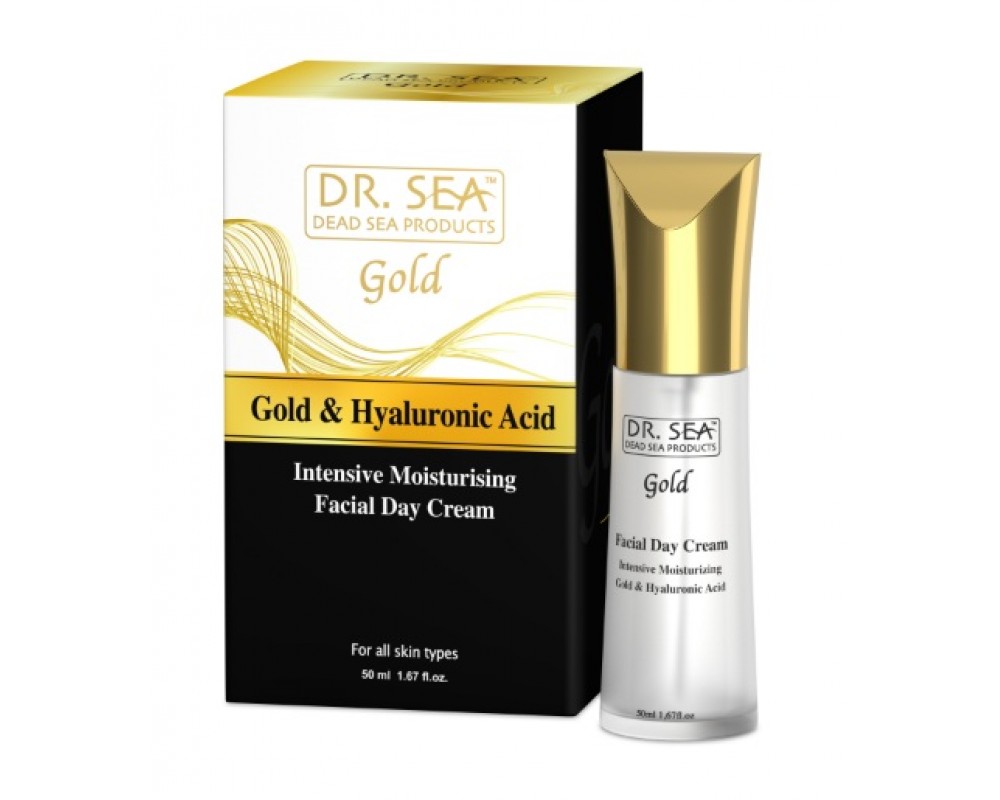 DR. SEA GOLD & HYALURONIC ინტენსიური დამატენიანებელი სახის დღის კრემი ოქროსა და ჰიალურონის მჟავით - ყველა ტიპის კანისთვის 50 მლ.