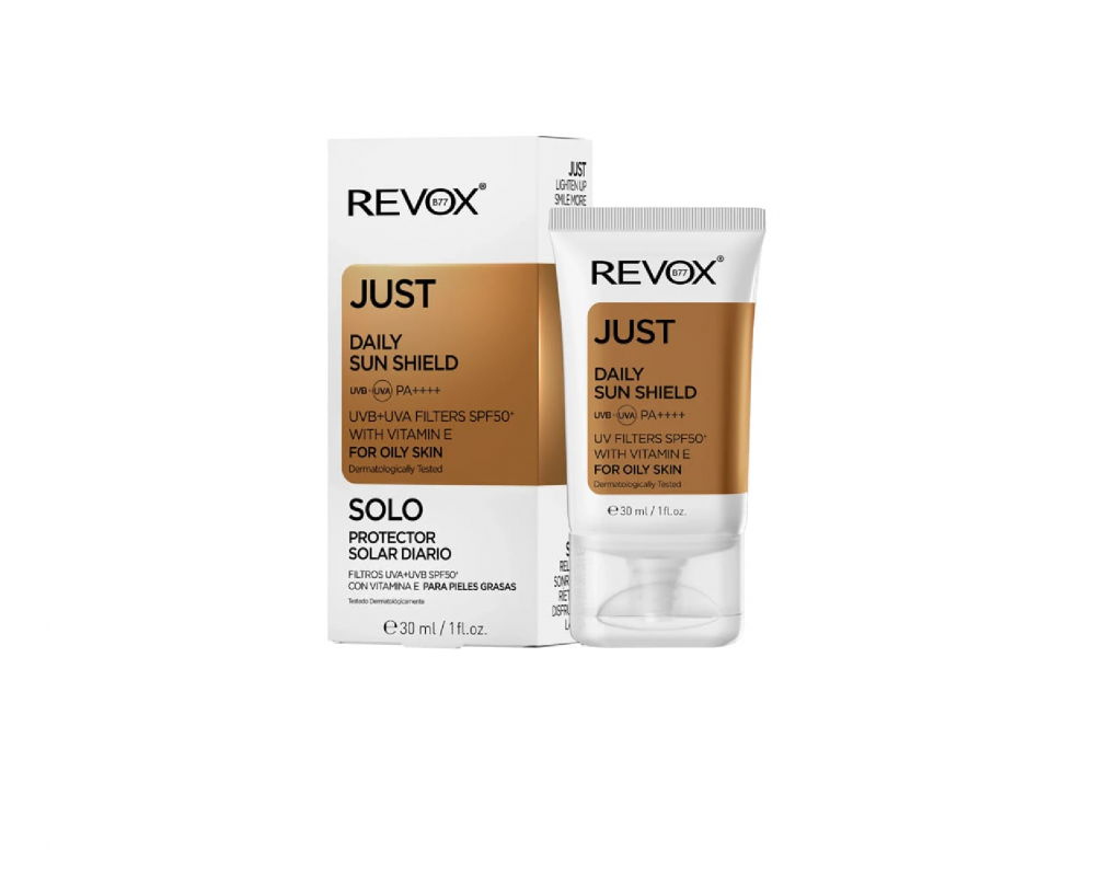 REVOX B77 JUST DAILY SUN SHIELD მზისგან დამცავი ცხიმიანი კანისთვის SPF50+ 30მლ  