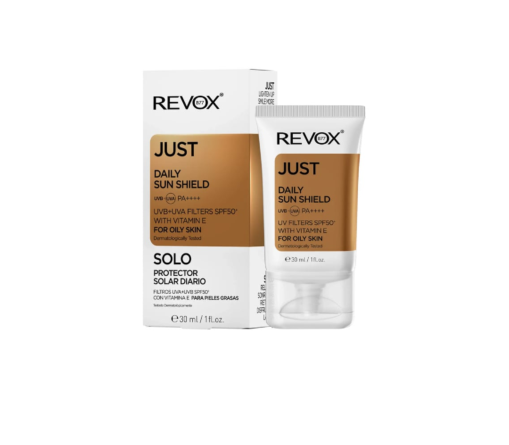 REVOX B77 JUST DAILY SUN SHIELD მზისგან დამცავი ცხიმიანი კანისთვის SPF50+ 30მლ  