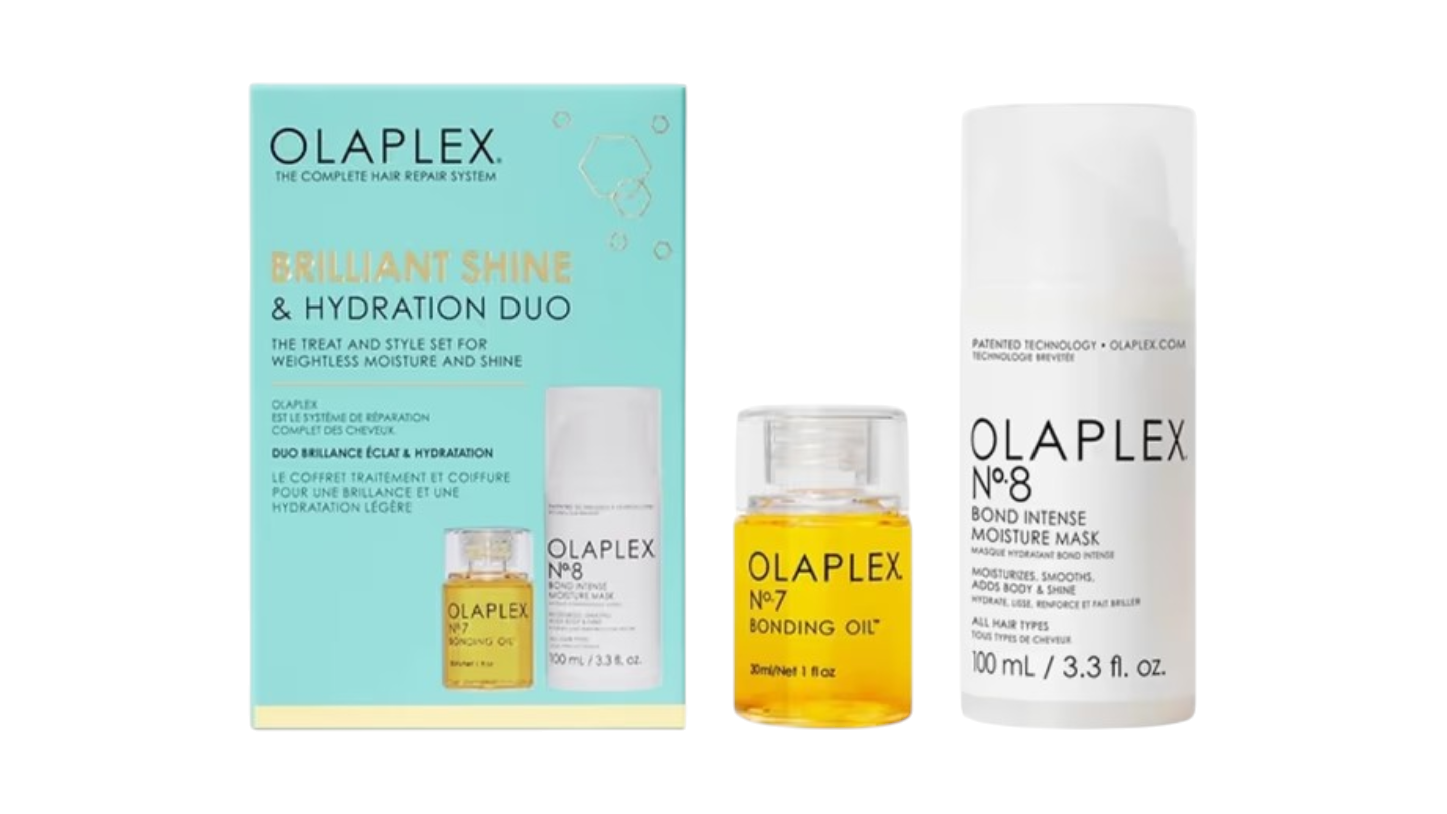 OLAPLEX BRILLIANT SHINE ნაკრები (თმის ზეთი N7. ნიღაბი N8)