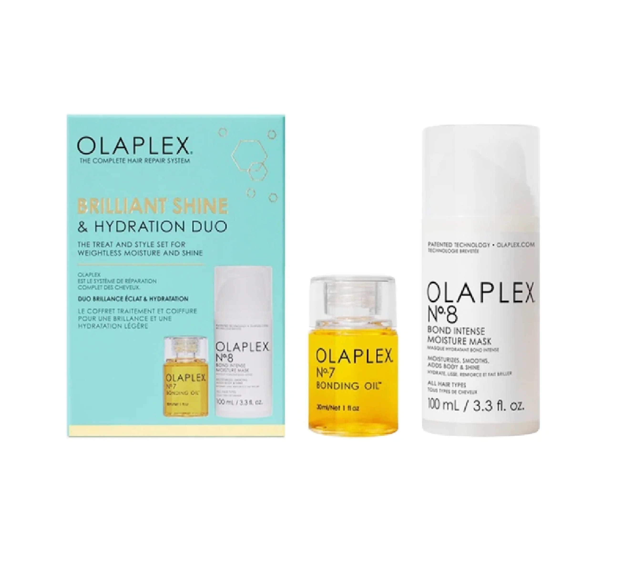 OLAPLEX BRILLIANT SHINE ნაკრები (თმის ზეთი N7. ნიღაბი N8)